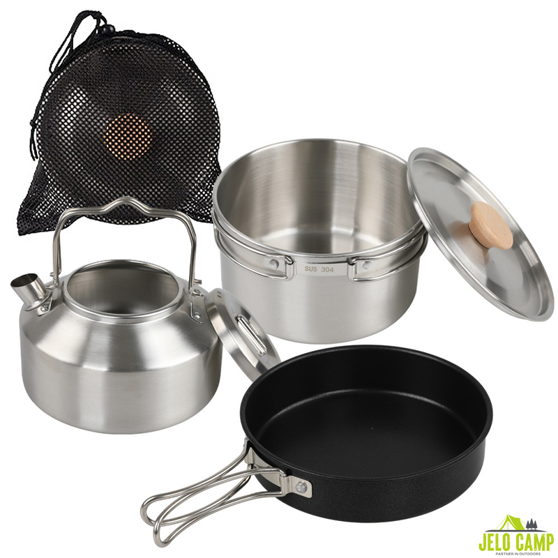 Camping Cooking Set With Kettle - طقم أواني طهي للتخييم من الفولاذ