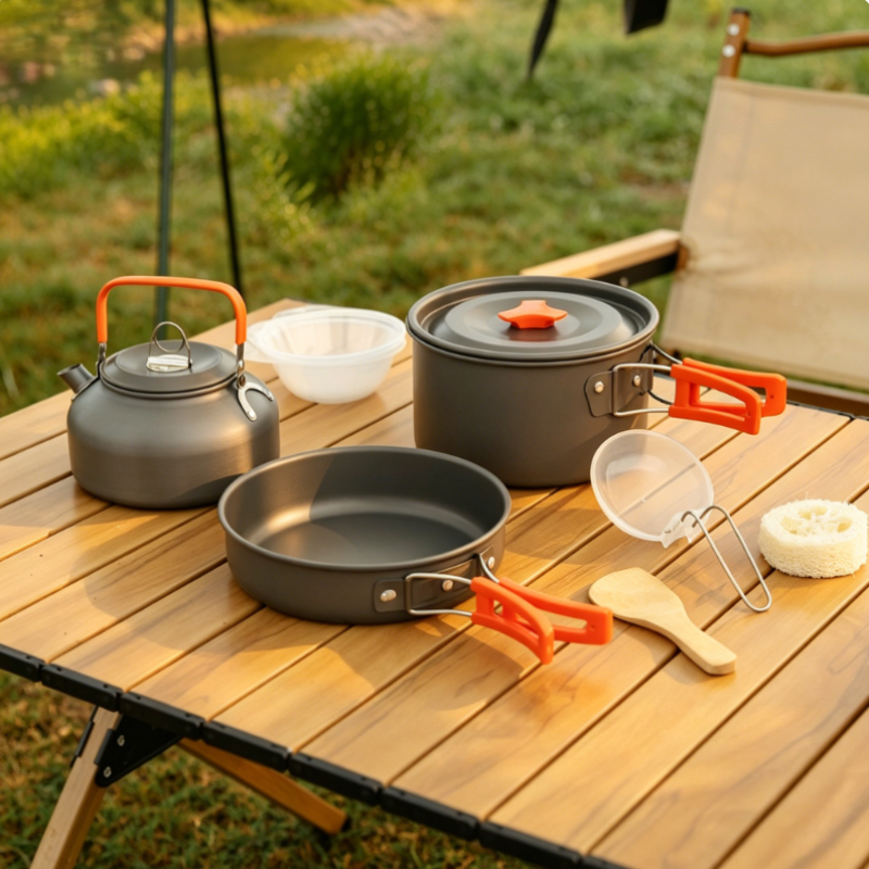 طقم تخييم خارجي من سبائك الألو - مراجعة Camping Cooking Set With Kettle وسعره