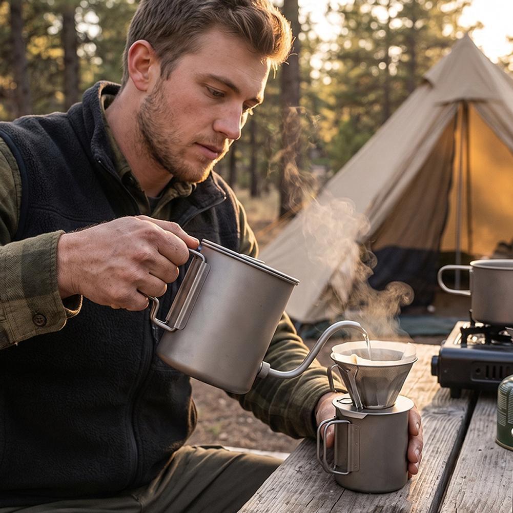 إبريق قهوة للتخييم من التيتاني - مراجعة Camping Cooking Lightweight وسعره